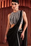 Shop_Akara_Black Satin Sequins, Beads Crew Neck Pre-draped Saree And Blouse Set 