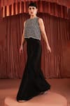 Buy_Akara_Black Satin Sequins, Beads Round Neck Draped Skirt And Blouse Set _Online_at_Aza_Fashions