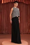 Shop_Akara_Black Satin Sequins, Beads Round Neck Draped Skirt And Blouse Set _Online_at_Aza_Fashions
