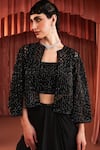 Shop_Akara_Black Satin Beads Round , Open Cape And Draped Skirt Set 