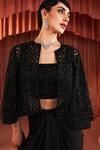 Akara_Black Satin Beads Round , Open Cape And Draped Skirt Set _Online