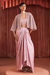 Buy_Akara_Pink Satin Embroidery Square , Open Cape And Draped Skirt Set _at_Aza_Fashions