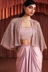 Akara_Pink Satin Embroidery Square , Open Cape And Draped Skirt Set _at_Aza_Fashions