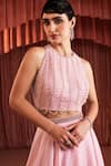 Shop_Akara_Pink Georgette Beads Round Neck Blush Blouse And Skirt Set _Online_at_Aza_Fashions