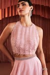 Buy_Akara_Pink Georgette Beads Round Neck Blush Blouse And Skirt Set 