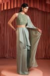 Buy_Akara_Green Satin Beads Round Neck Sage Pre-draped Saree Set _Online_at_Aza_Fashions