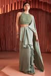 Shop_Akara_Green Satin Beads Round Neck Sage Pre-draped Saree Set _Online_at_Aza_Fashions