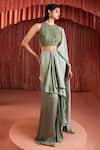 Buy_Akara_Green Satin Beads Round Neck Sage Pre-draped Saree Set 