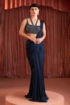 Buy_Akara_Blue Satin Sequins, Beads Halter Neck Midnight Pre-draped Saree Set _at_Aza_Fashions