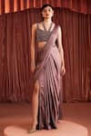 Buy_Akara_Purple Satin Beads Halter Neck Wave Pre-draped Saree Set _at_Aza_Fashions