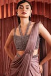 Akara_Purple Satin Beads Halter Neck Wave Pre-draped Saree Set _at_Aza_Fashions