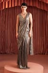 Buy_Akara_Silver Georgette, Crepe Beads, Sequins Designer Gold Pre-draped Saree Set _at_Aza_Fashions