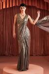 Shop_Akara_Silver Georgette, Crepe Beads, Sequins Designer Gold Pre-draped Saree Set _Online_at_Aza_Fashions