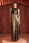 Buy_Akara_Black Crepe Beads Round Neck And Gold Saree Gown _at_Aza_Fashions