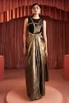 Akara_Black Crepe Beads Round Neck And Gold Saree Gown _at_Aza_Fashions