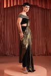 Akara_Black Crepe Beads Off-shoulder And Gold Pre-draped Pant Saree Set _Online_at_Aza_Fashions