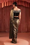 Shop_Akara_Black Crepe Beads Off-shoulder And Gold Pre-draped Pant Saree Set _at_Aza_Fashions