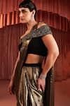 Shop_Akara_Black Crepe Beads Off-shoulder And Gold Pre-draped Pant Saree Set _Online_at_Aza_Fashions