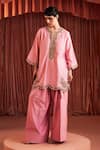 Buy_Akara_Blush Chanderi Silk Embroidery V-neck Pink Kurta Set _at_Aza_Fashions