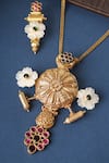 Shop_Mero Jewellery_Gold Plated Stones Mother Of Pearl Temple Long Pendant Necklace Set _at_Aza_Fashions