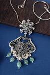 Shop_Mero Jewellery_Silver Plated Pearls Green Kempstone Pendant Necklace Set _at_Aza_Fashions