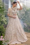 Tamaraa By Tahani_Beige Silk Crystals, Sequins, Beads, Pearls Nyra Garden Motif Bridal Lehenga Set _Online_at_Aza_Fashions