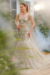 Buy_Tamaraa By Tahani_Ivory Tulle, Taffeta, Silk Sequins, Beads, Freya Peacock Mermaid Lehenga Set _at_Aza_Fashions