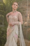 Tamaraa By Tahani_Ivory Net, Silk, Crepe Crystals, Aalaya Flow Pre-draped Saree With Corset _Online_at_Aza_Fashions
