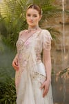 Shop_Tamaraa By Tahani_Ivory Net, Silk, Crepe Crystals, Aalaya Flow Pre-draped Saree With Corset _Online_at_Aza_Fashions