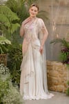 Shop_Tamaraa By Tahani_Ivory Net, Silk, Crepe Crystals, Aalaya Flow Pre-draped Saree With Corset 