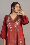 Prama By Pratima Pandey_Wine Chanderi, Tissue Embroidery V-neck Red Tunic _Online_at_Aza_Fashions