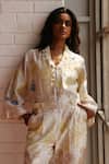 Prama By Pratima Pandey_Ivory Chanderi Embroidery Mandarin Collar Floral Print Jumpsuit _Online_at_Aza_Fashions