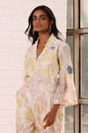 Buy_Prama By Pratima Pandey_Ivory Chanderi Embroidery Mandarin Collar Floral Print Jumpsuit _Online_at_Aza_Fashions