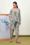 Buy_Sage Saga_Green Chiffon, Crepe Round Neck Holly Printed Shirt And Pant Set _at_Aza_Fashions