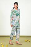 Sage Saga_Gray Crepe Collared Holly Leaf Print Shirt With Pant _Online_at_Aza_Fashions
