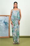 Buy_Sage Saga_Gray Chiffon, Crepe, Silk Tassels Round Neck Holly Printed Top And Dhoti Skirt Set _at_Aza_Fashions