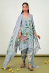 Buy_Sage Saga_Gray Crepe, Chiffon Embroidery Split V-neck Holly Floral Print Kurta Set _at_Aza_Fashions