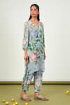 Sage Saga_Gray Crepe, Chiffon Embroidery Split V-neck Holly Floral Print Kurta Set _at_Aza_Fashions