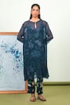 Shop_Sage Saga_Blue Chiffon, Crepe Embroidery Keyhole Neck Floral Print Phiran Kurta Set _Online_at_Aza_Fashions
