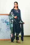 Buy_Sage Saga_Blue Chiffon, Crepe Embroidery Keyhole Neck Floral Print Phiran Kurta Set _at_Aza_Fashions