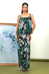 Sage Saga_Blue Silk, Chiffon, Crepe Tassels Scoop Neck Floral Print Top And Dhoti Skirt Set _Online_at_Aza_Fashions