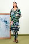 Sage Saga_Blue Crepe, Chiffon V-neck Floral Print Kurta Pant Set _Online_at_Aza_Fashions