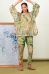 Shop_Sage Saga_Green Chiffon, Crepe Round Neck Zinnia Printed Shirt With Pant _Online_at_Aza_Fashions