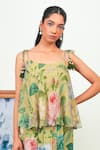 Buy_Sage Saga_Green Chiffon, Crepe Scoop Neck Zinnia Floral Print Top With Dhoti Skirt _Online_at_Aza_Fashions