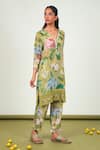 Buy_Sage Saga_Green Crepe, Chiffon Embroidery V-neck Zinnia Floral Print Kurta Set _Online_at_Aza_Fashions