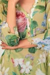 Sage Saga_Green Crepe, Chiffon Embroidery V-neck Zinnia Floral Print Kurta Set _Online