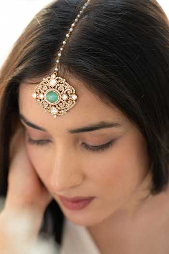 Buy_Do Taara_Green Mint Victorian Polki Maangtikka _Online_at_Aza_Fashions