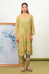 Sage Saga_Green Chiffon, Crepe Embroidery Keyhole Neck Zinnia Phiran Set _Online_at_Aza_Fashions