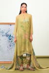 Buy_Sage Saga_Green Chiffon, Crepe Embroidery Keyhole Neck Zinnia Phiran Set _at_Aza_Fashions