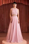 Buy_Akara_Pink Georgette Beads Round Neck Blush Blouse And Skirt Set _at_Aza_Fashions